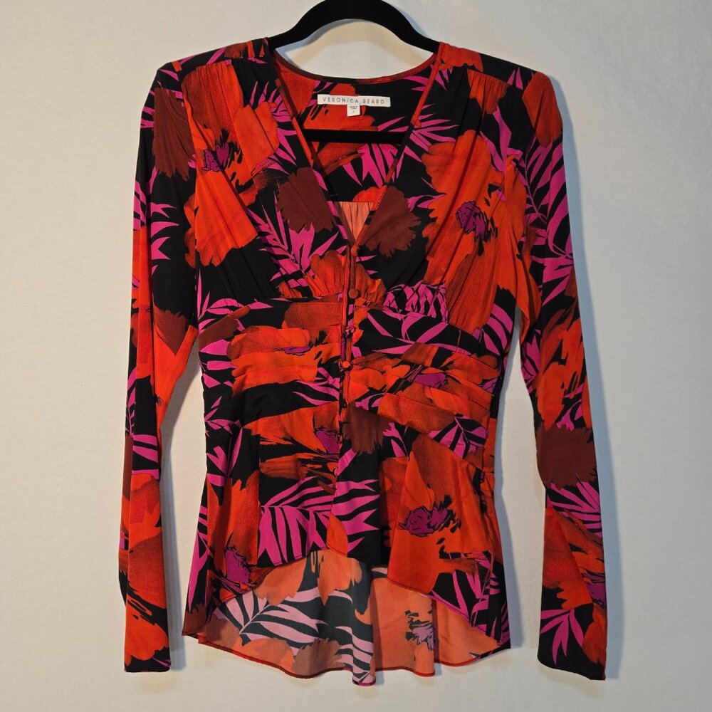 VERONICA BEARD Old Money Y2K Pevero Red Floral Stretch Silk Babydoll Top Size 2.